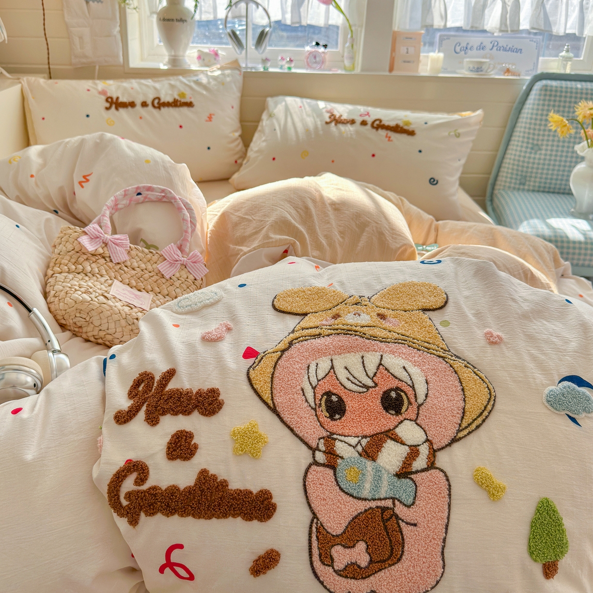 91家纺网 家纺一手货源 找家纺 王朝国际 2026爆款棉纱毛巾绣四件套 闪闪兔