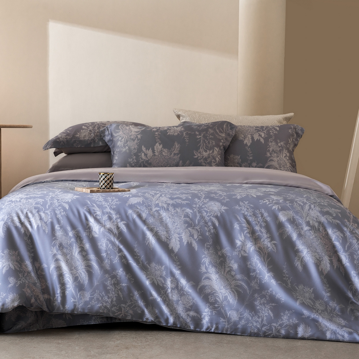 佳汐蓝家纺 2026新款春夏天丝数码印花（挂边款）四件套 雾岚-兰