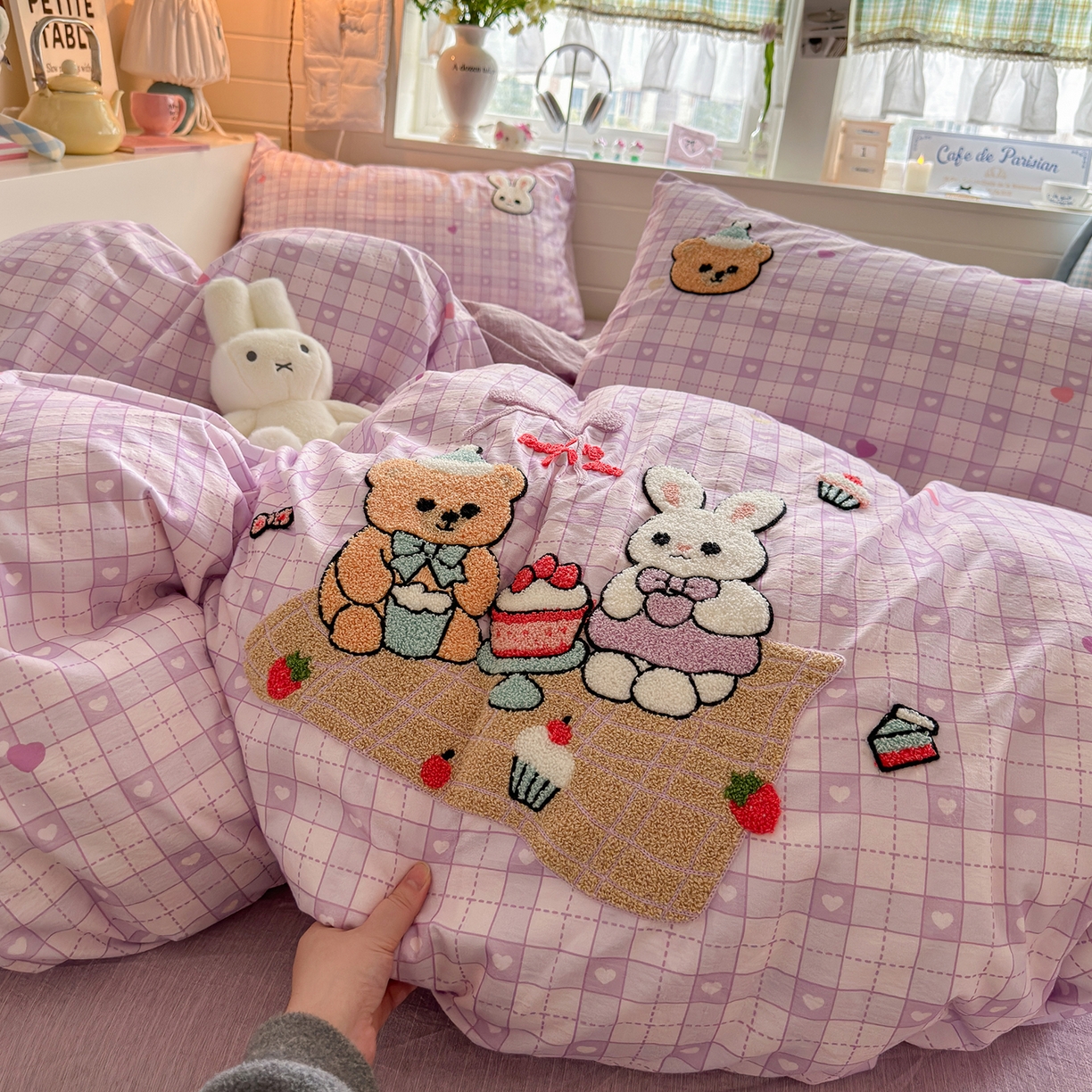 王朝国际 2026爆款棉纱毛巾绣四件套 熊与兔