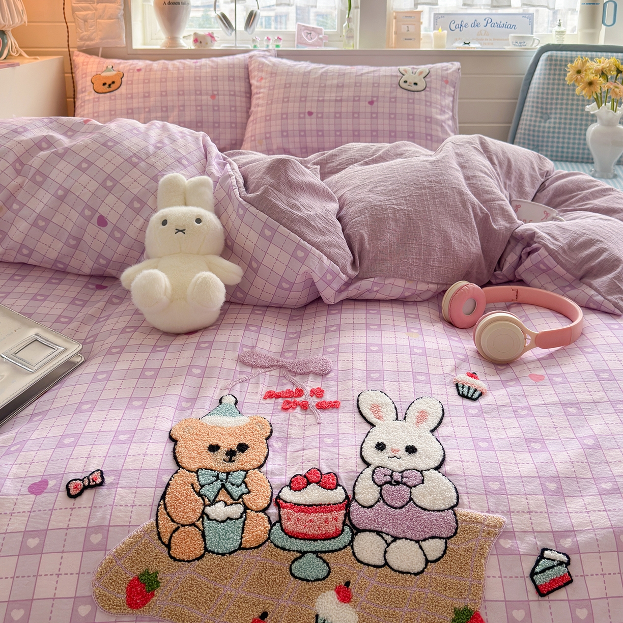 91家纺网 家纺一手货源 找家纺 王朝国际 2026爆款棉纱毛巾绣四件套 熊与兔