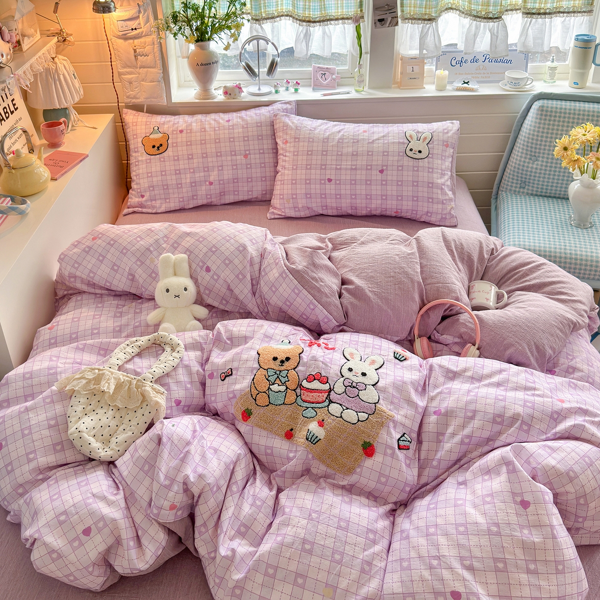 91家纺网 家纺一手货源 找家纺 王朝国际 2026爆款棉纱毛巾绣四件套 熊与兔