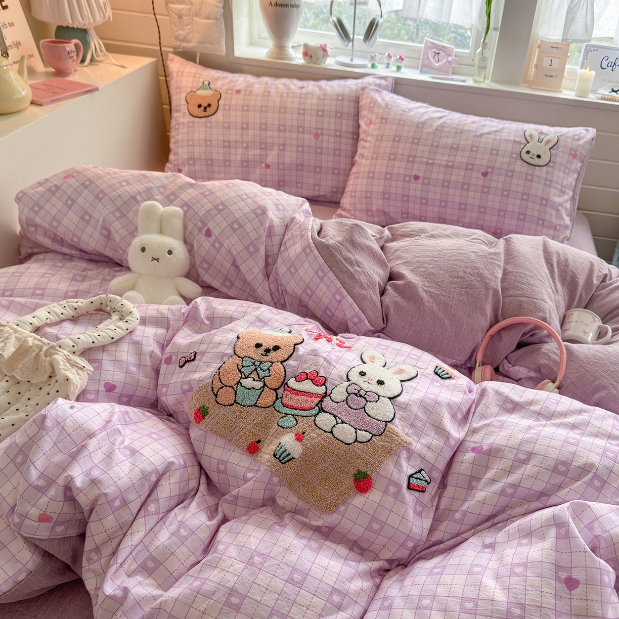 91家纺网 家纺一手货源 找家纺 王朝国际 2026爆款棉纱毛巾绣四件套 熊与兔