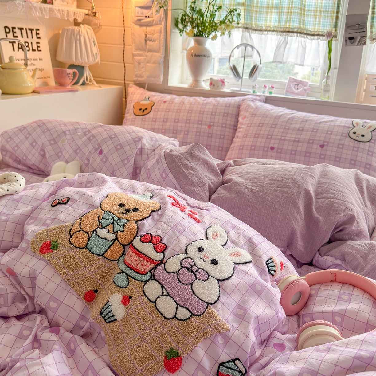 91家纺网 家纺一手货源 找家纺 王朝国际 2026爆款棉纱毛巾绣四件套 熊与兔