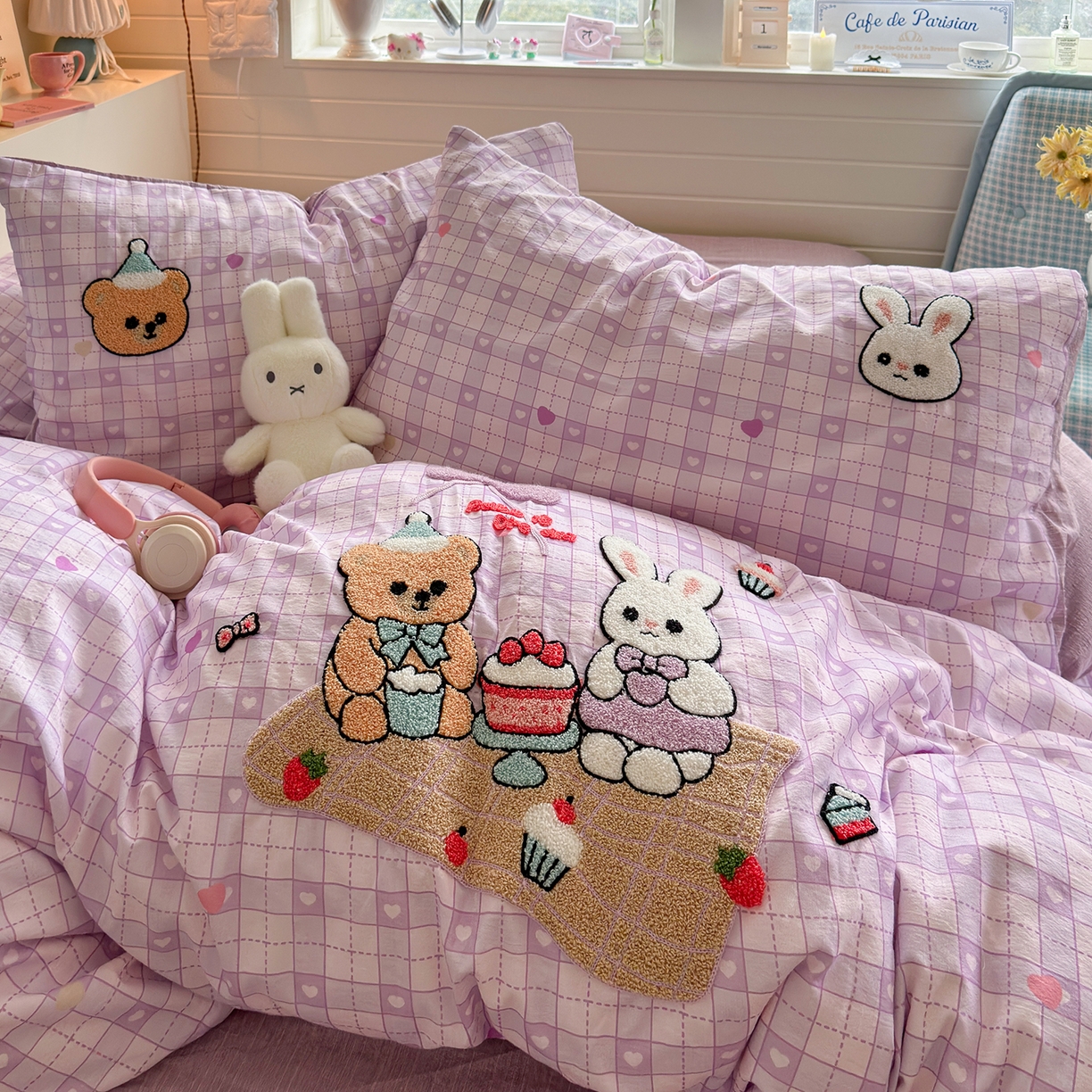 91家纺网 家纺一手货源 找家纺 王朝国际 2026爆款棉纱毛巾绣四件套 熊与兔