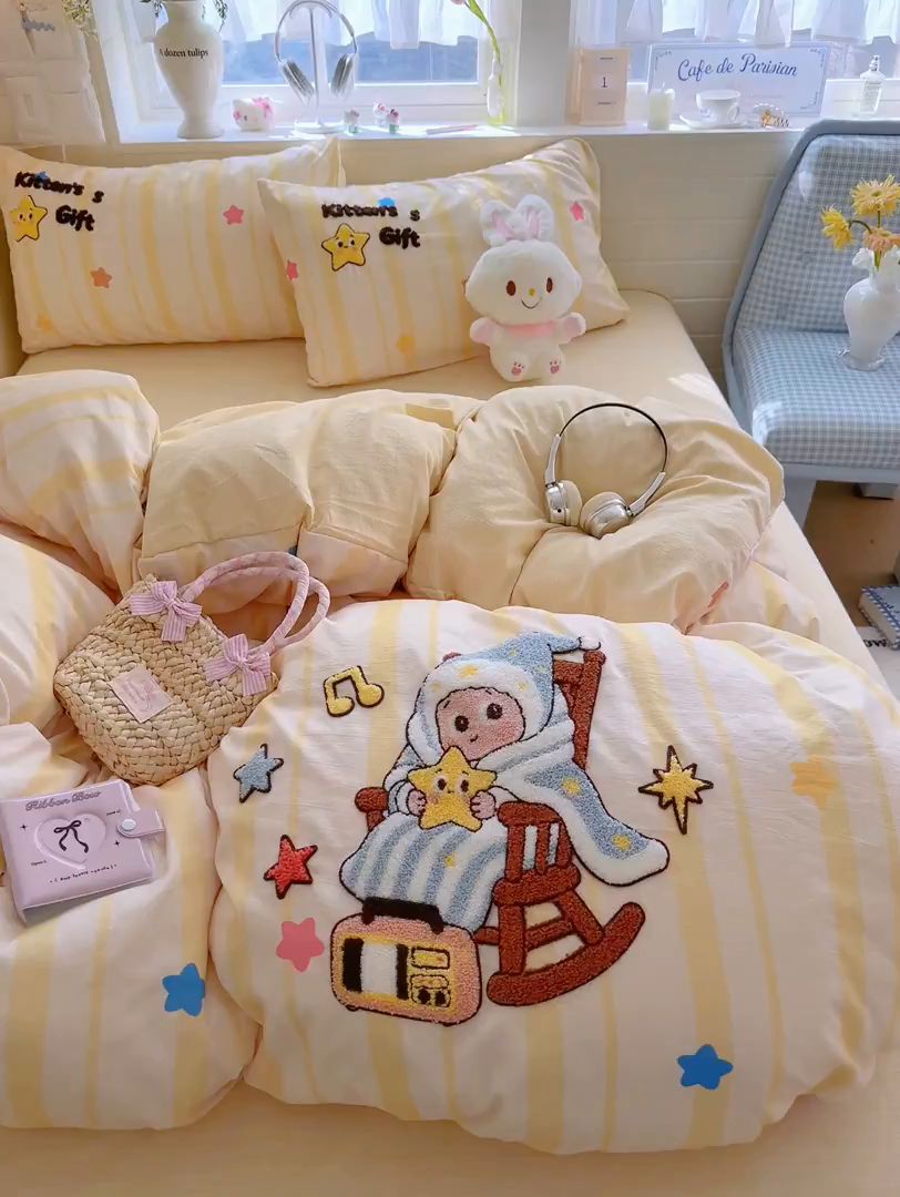 91家纺网 家纺一手货源 找家纺 王朝国际 2026爆款棉纱毛巾绣四件套 音乐仔