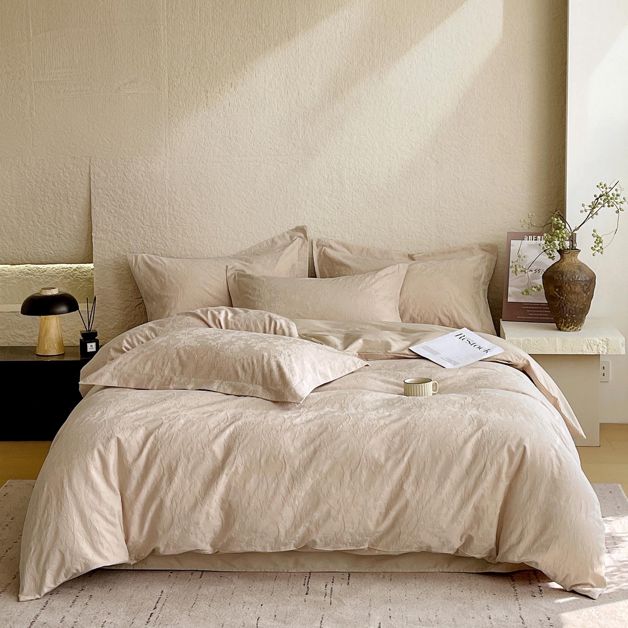 91家纺网 家纺一手货源 找家纺 帅露家纺 2026新款A类全棉纯棉亮面浮雕提花四件套 梦幻花园-米杏