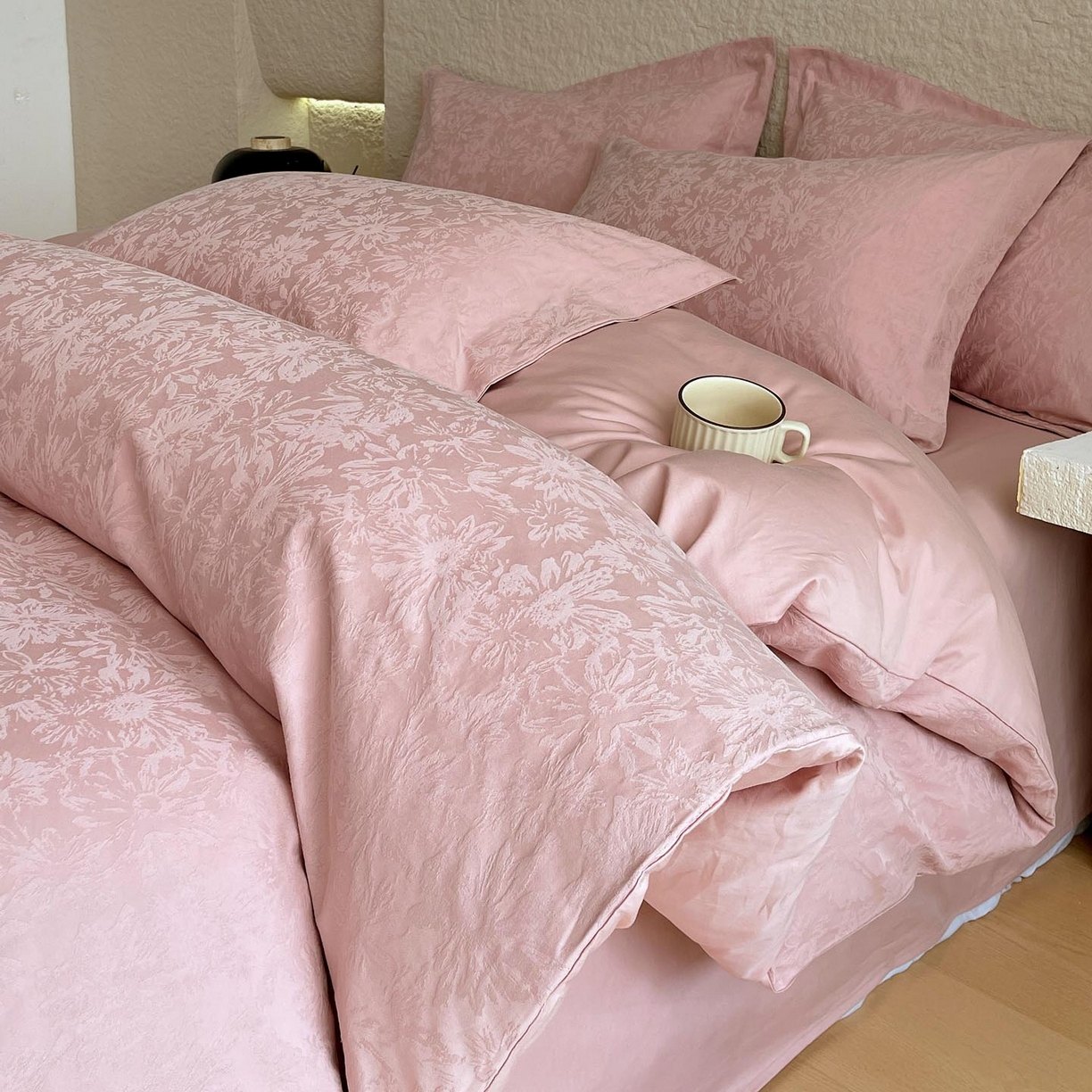 帅露家纺 2026新款A类全棉纯棉亮面浮雕提花四件套 梵花绘-浓粉