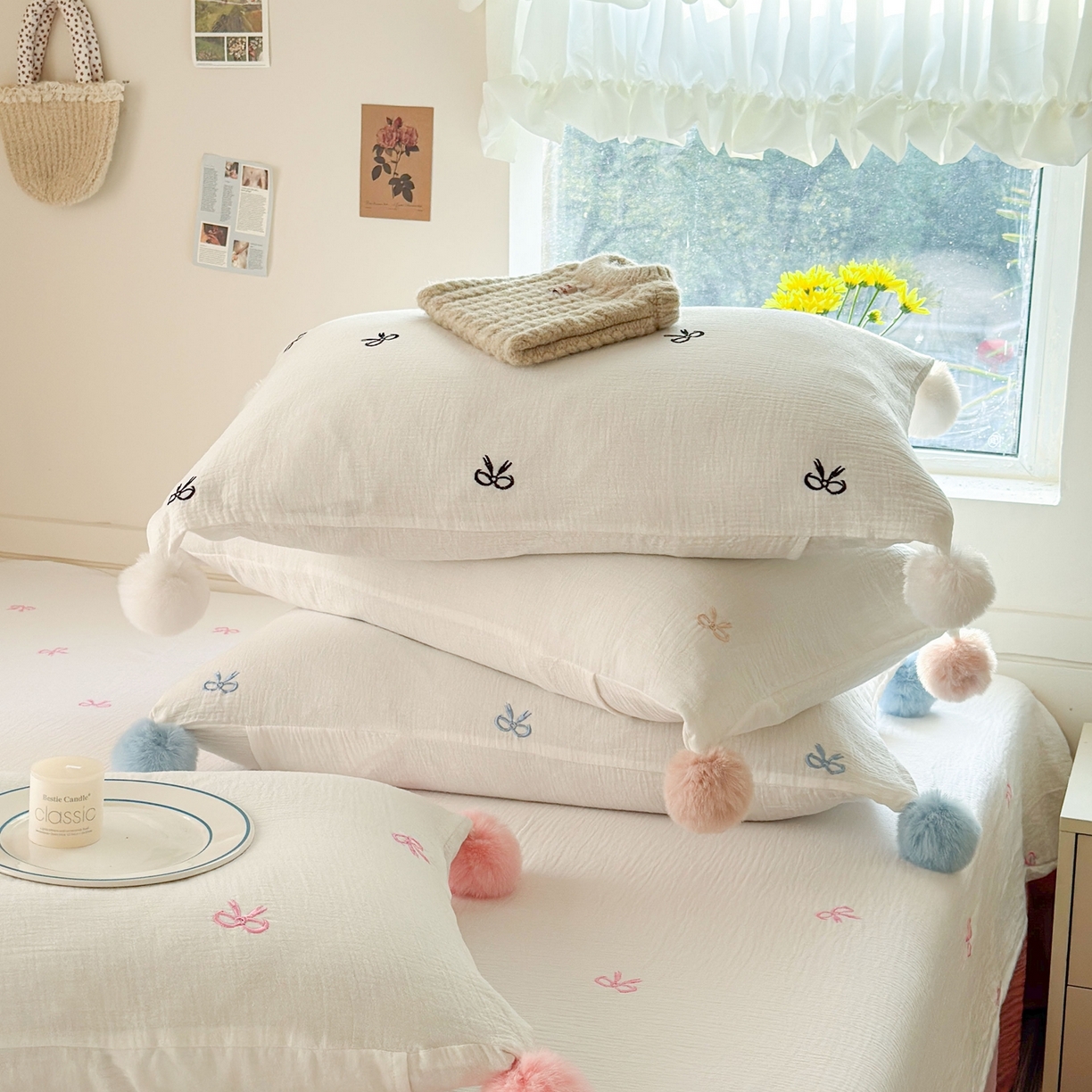 91家纺网 家纺一手货源 找家纺 （总）木楌家居 2026年新款全棉纯棉皱皱纱四件套-云朵蝴蝶结系列