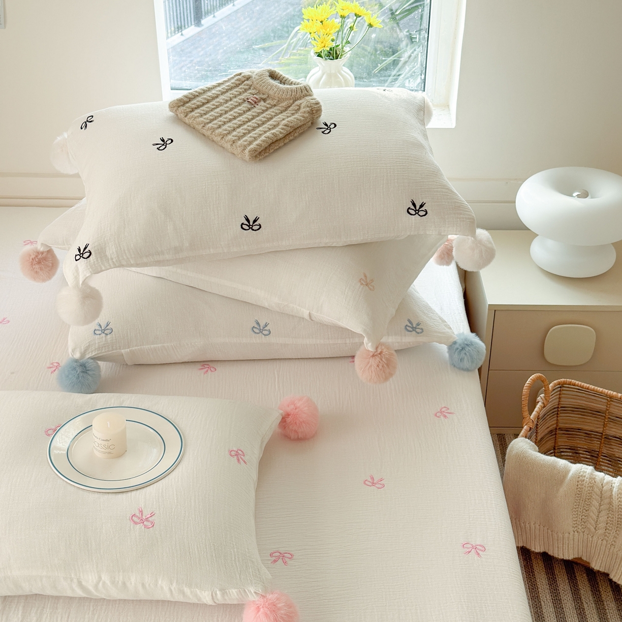 91家纺网 家纺一手货源 找家纺 （总）木楌家居 2026年新款全棉纯棉皱皱纱四件套-云朵蝴蝶结系列