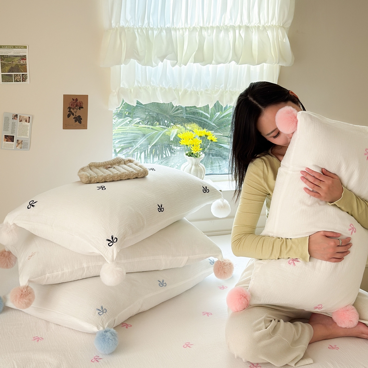 91家纺网 家纺一手货源 找家纺 （总）木楌家居 2026年新款全棉纯棉皱皱纱四件套-云朵蝴蝶结系列