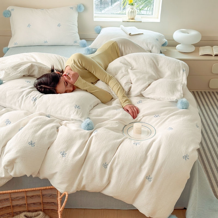 91家纺网 家纺一手货源 找家纺 （总）木楌家居 2026年新款全棉纯棉皱皱纱四件套-云朵蝴蝶结系列