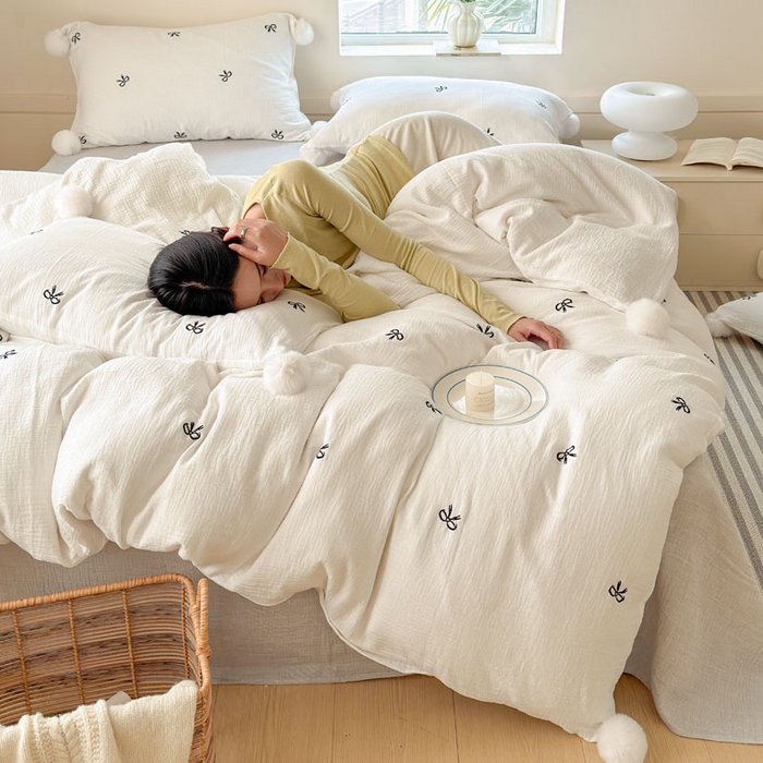 91家纺网 家纺一手货源 找家纺 木楌家居 2026年新款全棉纯棉皱皱纱四件套-云朵蝴蝶结系列 云朵蝴蝶结-雾夜黑