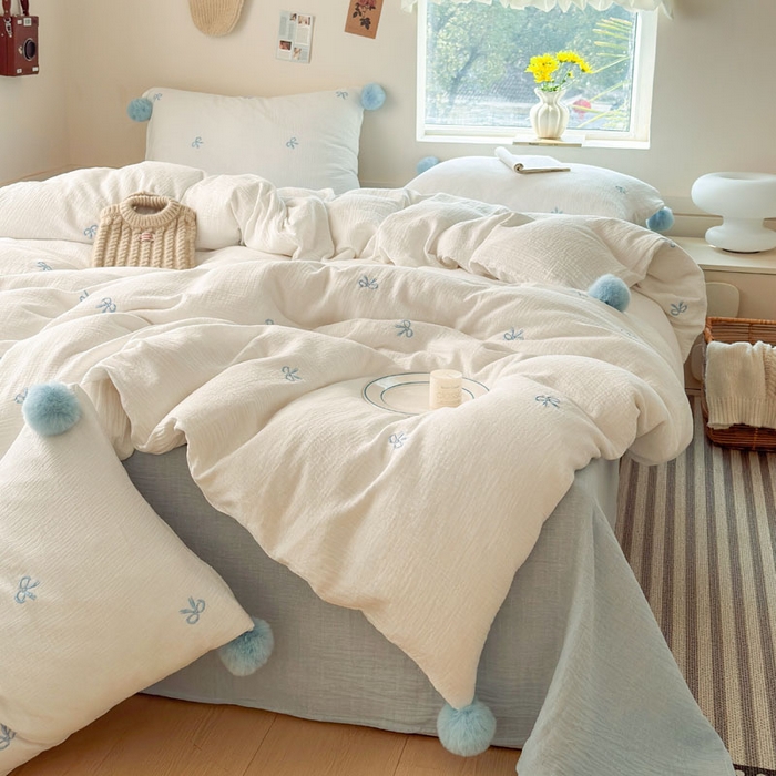 91家纺网 家纺一手货源 找家纺 木楌家居 2026年新款全棉纯棉皱皱纱四件套-云朵蝴蝶结系列 云朵蝴蝶结-奶雾蓝