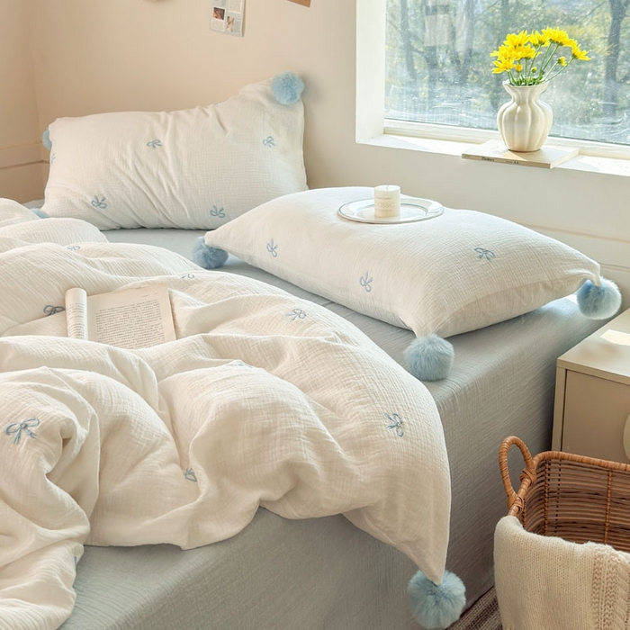 91家纺网 家纺一手货源 找家纺 木楌家居 2026年新款全棉纯棉皱皱纱四件套-云朵蝴蝶结系列 云朵蝴蝶结-奶雾蓝