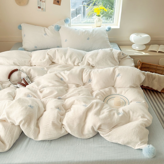 91家纺网 家纺一手货源 找家纺 木楌家居 2026年新款全棉纯棉皱皱纱四件套-云朵蝴蝶结系列 云朵蝴蝶结-奶雾蓝