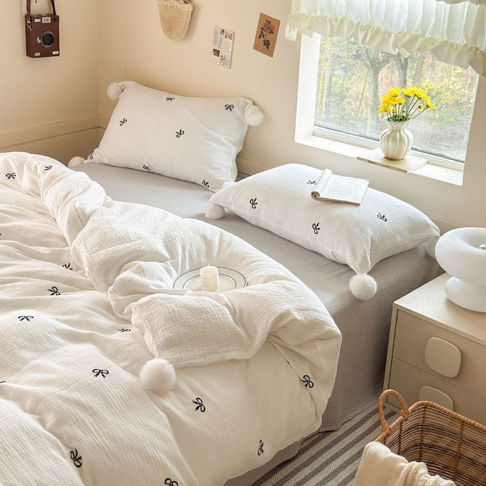 91家纺网 家纺一手货源 找家纺 木楌家居 2026年新款全棉纯棉皱皱纱四件套-云朵蝴蝶结系列 云朵蝴蝶结-雾夜黑