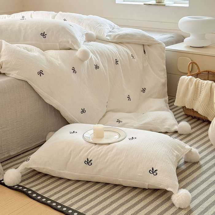 91家纺网 家纺一手货源 找家纺 木楌家居 2026年新款全棉纯棉皱皱纱四件套-云朵蝴蝶结系列 云朵蝴蝶结-雾夜黑