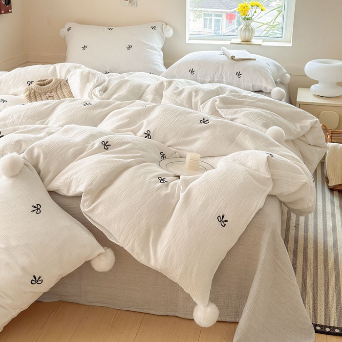 91家纺网 家纺一手货源 找家纺 木楌家居 2026年新款全棉纯棉皱皱纱四件套-云朵蝴蝶结系列 云朵蝴蝶结-雾夜黑