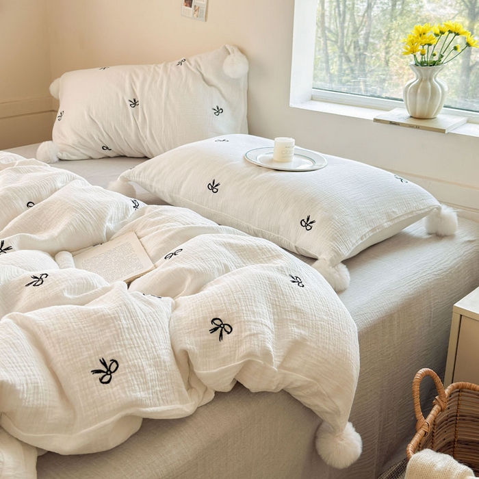 91家纺网 家纺一手货源 找家纺 木楌家居 2026年新款全棉纯棉皱皱纱四件套-云朵蝴蝶结系列 云朵蝴蝶结-雾夜黑