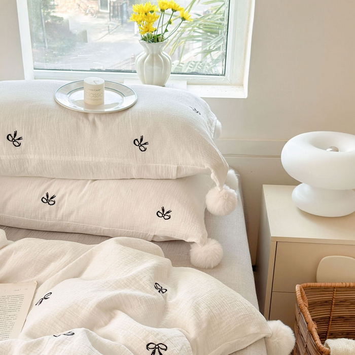 91家纺网 家纺一手货源 找家纺 木楌家居 2026年新款全棉纯棉皱皱纱四件套-云朵蝴蝶结系列 云朵蝴蝶结-雾夜黑