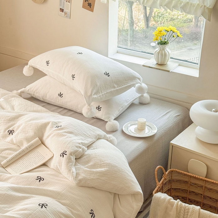 91家纺网 家纺一手货源 找家纺 木楌家居 2026年新款全棉纯棉皱皱纱四件套-云朵蝴蝶结系列 云朵蝴蝶结-雾夜黑