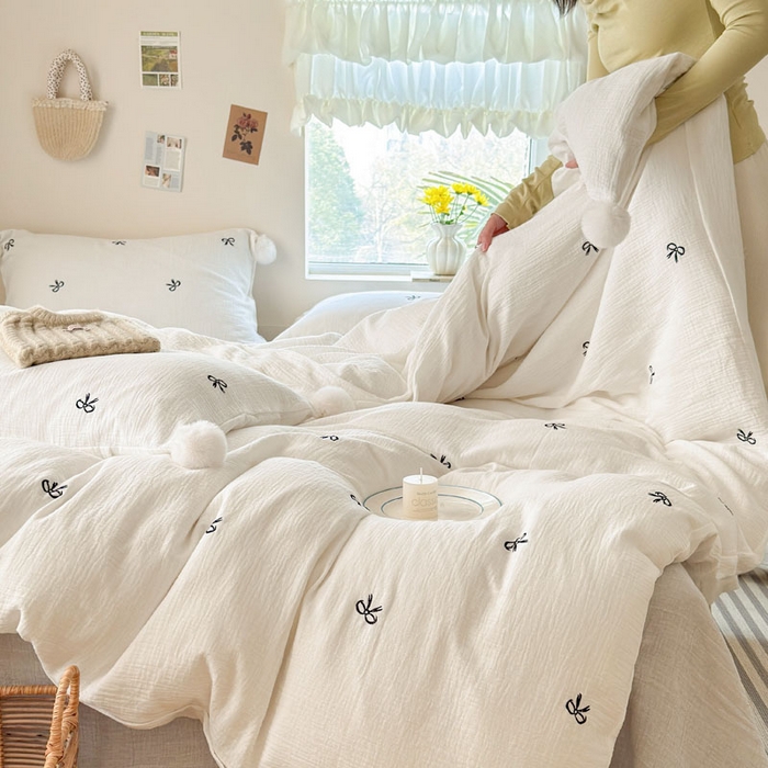 91家纺网 家纺一手货源 找家纺 木楌家居 2026年新款全棉纯棉皱皱纱四件套-云朵蝴蝶结系列 云朵蝴蝶结-雾夜黑