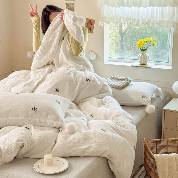 91家纺网 家纺一手货源 找家纺 木楌家居 2026年新款全棉纯棉皱皱纱四件套-云朵蝴蝶结系列 云朵蝴蝶结-雾夜黑