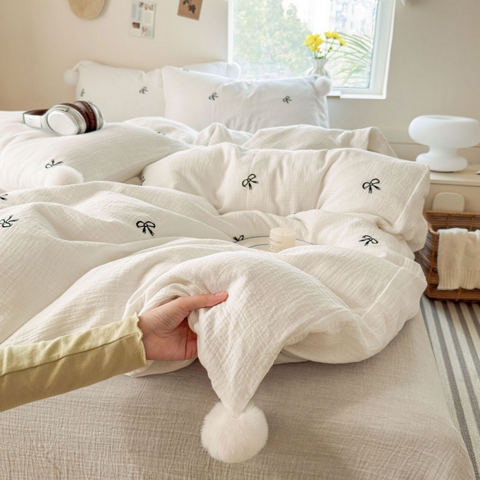 91家纺网 家纺一手货源 找家纺 木楌家居 2026年新款全棉纯棉皱皱纱四件套-云朵蝴蝶结系列 云朵蝴蝶结-雾夜黑