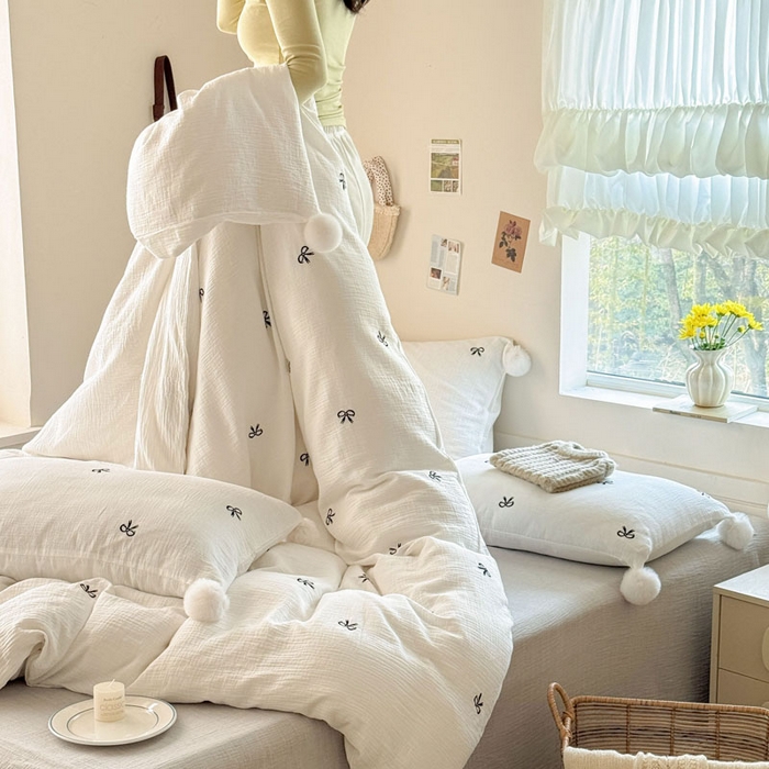 91家纺网 家纺一手货源 找家纺 木楌家居 2026年新款全棉纯棉皱皱纱四件套-云朵蝴蝶结系列 云朵蝴蝶结-雾夜黑