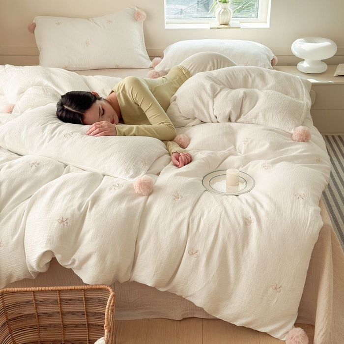 木楌家居 2026年新款全棉纯棉皱皱纱四件套-云朵蝴蝶结系列 云朵蝴蝶结-可可棕