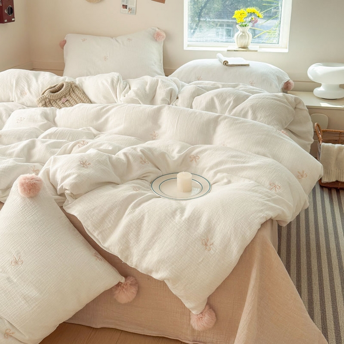 91家纺网 家纺一手货源 找家纺 木楌家居 2026年新款全棉纯棉皱皱纱四件套-云朵蝴蝶结系列 云朵蝴蝶结-可可棕