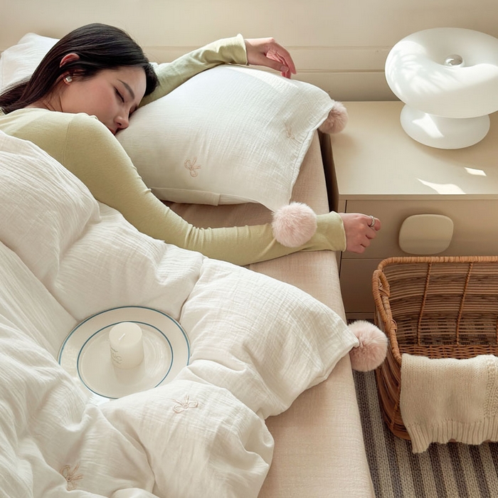 91家纺网 家纺一手货源 找家纺 木楌家居 2026年新款全棉纯棉皱皱纱四件套-云朵蝴蝶结系列 云朵蝴蝶结-可可棕