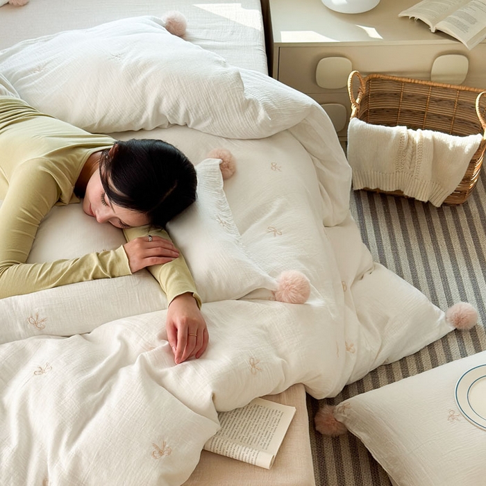 91家纺网 家纺一手货源 找家纺 木楌家居 2026年新款全棉纯棉皱皱纱四件套-云朵蝴蝶结系列 云朵蝴蝶结-可可棕