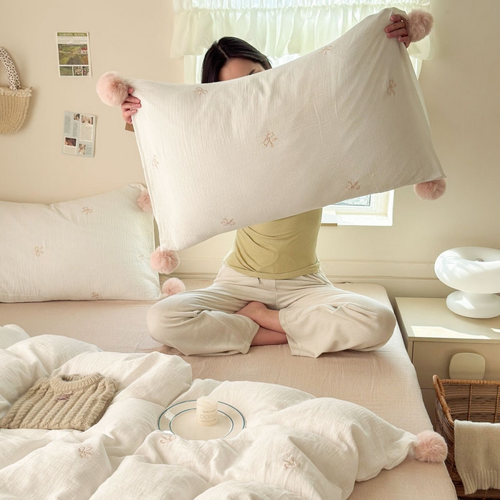 91家纺网 家纺一手货源 找家纺 木楌家居 2026年新款全棉纯棉皱皱纱四件套-云朵蝴蝶结系列 云朵蝴蝶结-可可棕