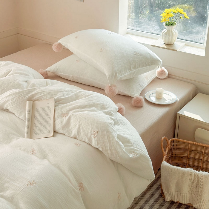 91家纺网 家纺一手货源 找家纺 木楌家居 2026年新款全棉纯棉皱皱纱四件套-云朵蝴蝶结系列 云朵蝴蝶结-可可棕