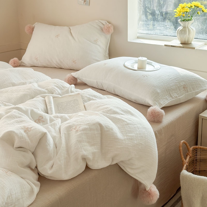 91家纺网 家纺一手货源 找家纺 木楌家居 2026年新款全棉纯棉皱皱纱四件套-云朵蝴蝶结系列 云朵蝴蝶结-可可棕