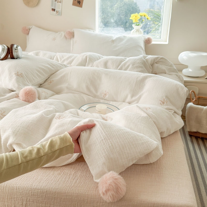 91家纺网 家纺一手货源 找家纺 木楌家居 2026年新款全棉纯棉皱皱纱四件套-云朵蝴蝶结系列 云朵蝴蝶结-可可棕