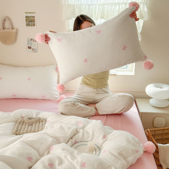 91家纺网 家纺一手货源 找家纺 木楌家居 2026年新款全棉纯棉皱皱纱四件套-云朵蝴蝶结系列 云朵蝴蝶结-落樱粉