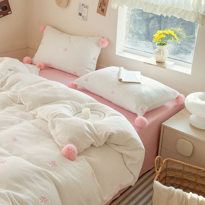 91家纺网 家纺一手货源 找家纺 木楌家居 2026年新款全棉纯棉皱皱纱四件套-云朵蝴蝶结系列 云朵蝴蝶结-落樱粉