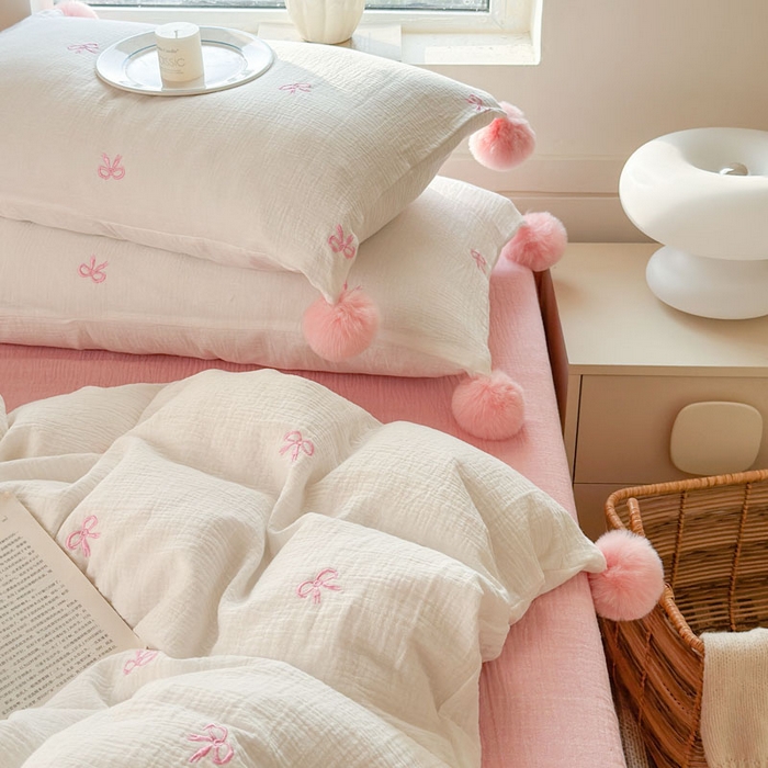 91家纺网 家纺一手货源 找家纺 木楌家居 2026年新款全棉纯棉皱皱纱四件套-云朵蝴蝶结系列 云朵蝴蝶结-落樱粉