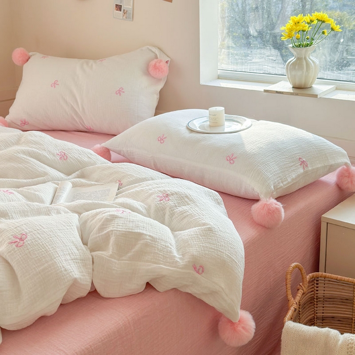 91家纺网 家纺一手货源 找家纺 木楌家居 2026年新款全棉纯棉皱皱纱四件套-云朵蝴蝶结系列 云朵蝴蝶结-落樱粉