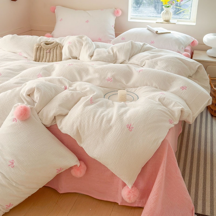 91家纺网 家纺一手货源 找家纺 木楌家居 2026年新款全棉纯棉皱皱纱四件套-云朵蝴蝶结系列 云朵蝴蝶结-落樱粉