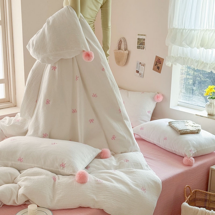 91家纺网 家纺一手货源 找家纺 木楌家居 2026年新款全棉纯棉皱皱纱四件套-云朵蝴蝶结系列 云朵蝴蝶结-落樱粉