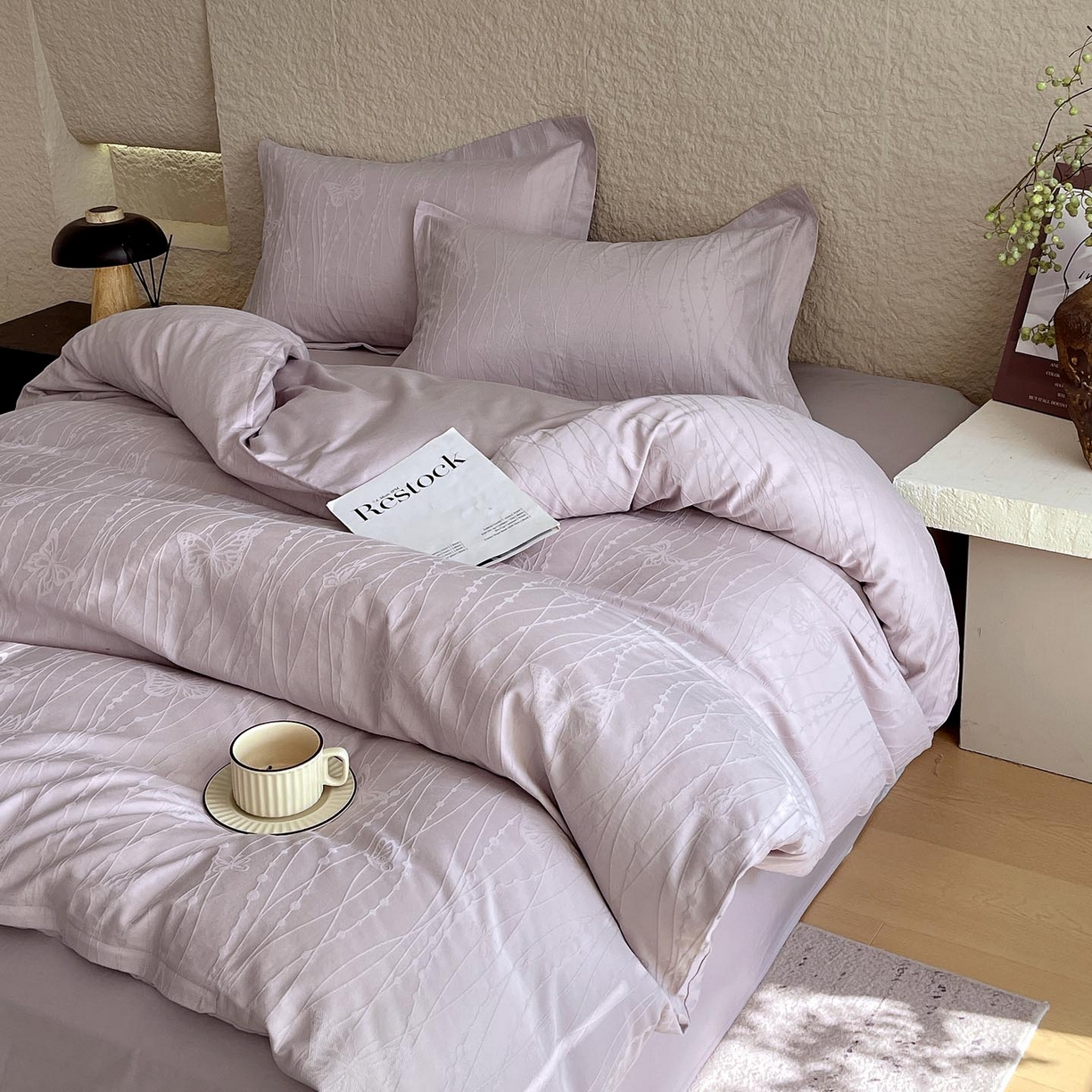 91家纺网 家纺一手货源 找家纺 帅露家纺 2026新款A类全棉纯棉亮面浮雕提花四件套 蝶梦-淡雅紫