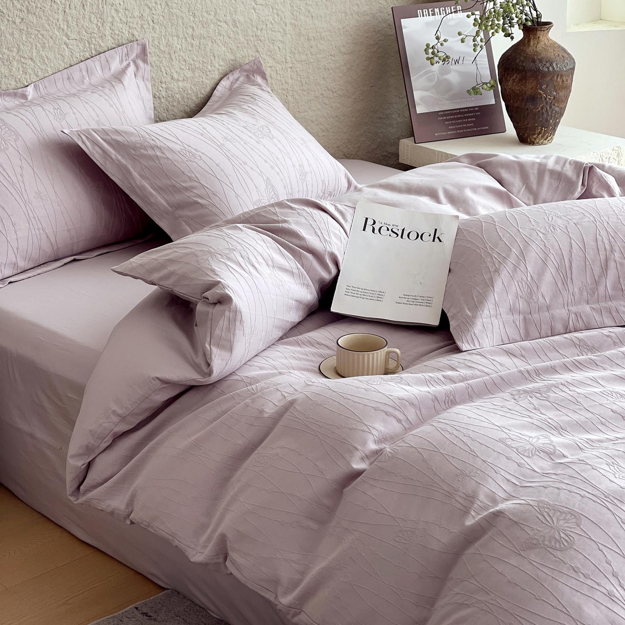 91家纺网 家纺一手货源 找家纺 帅露家纺 2026新款A类全棉纯棉亮面浮雕提花四件套 蝶梦-淡雅紫