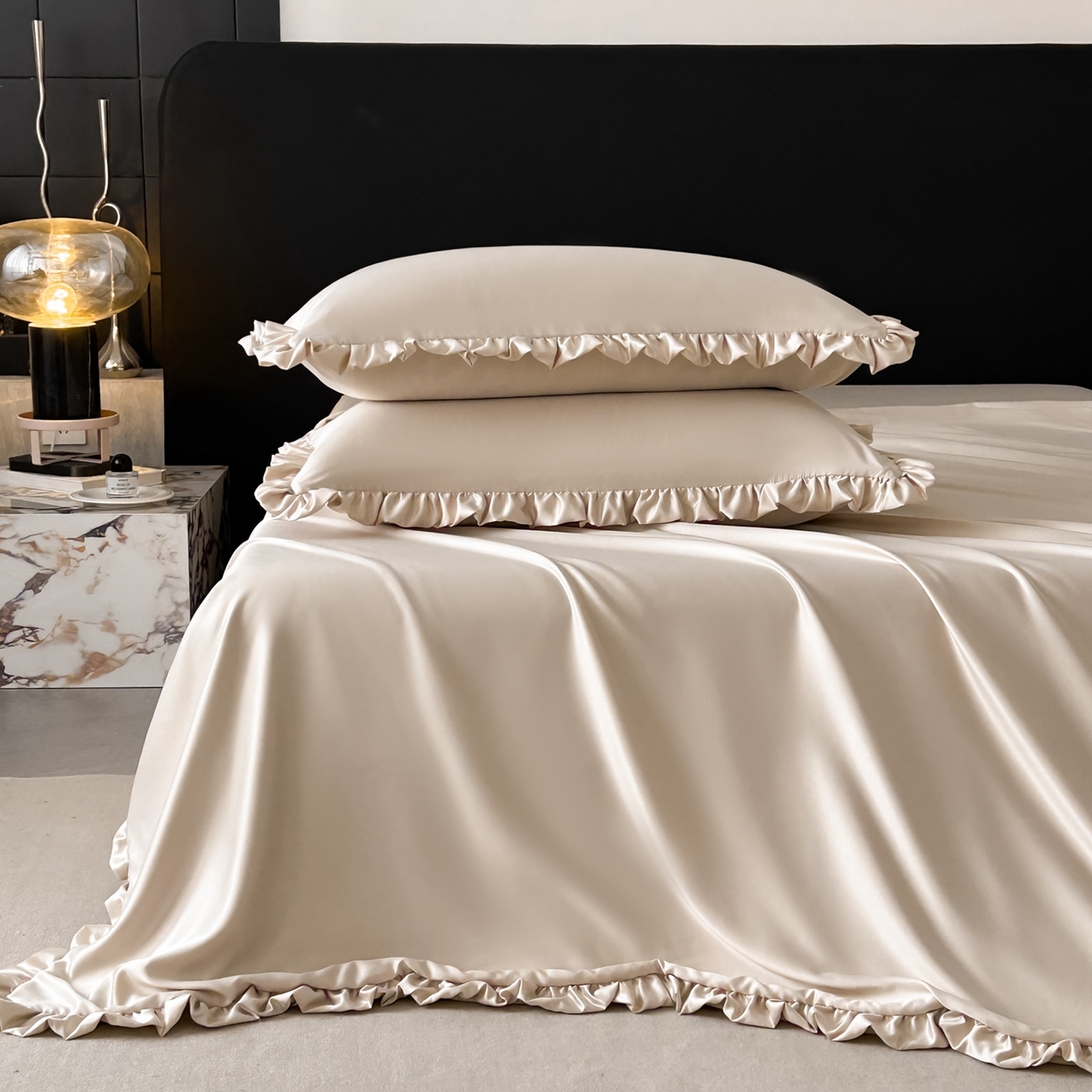 91家纺网 家纺一手货源 找家纺 乐卧家居 2026新款哑光仿真丝高级感卧室时尚四件套-比弗利系列 比弗利-香槟金