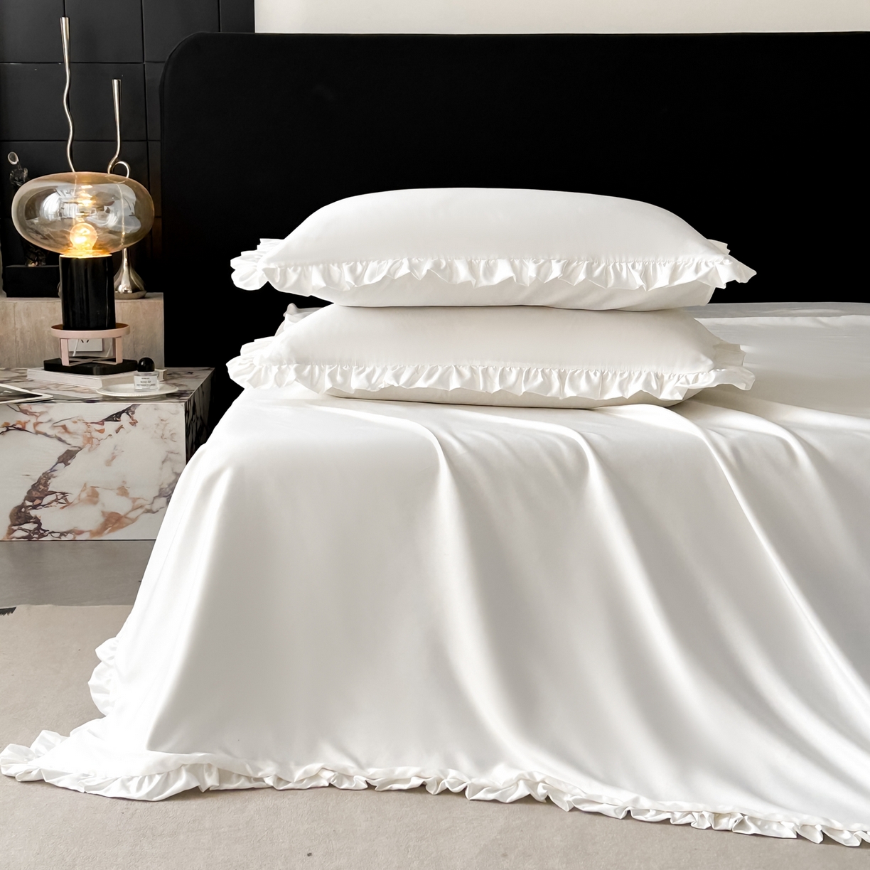 91家纺网 家纺一手货源 找家纺 乐卧家居 2026新款哑光仿真丝高级感卧室时尚四件套-比弗利系列 比弗利-月光白