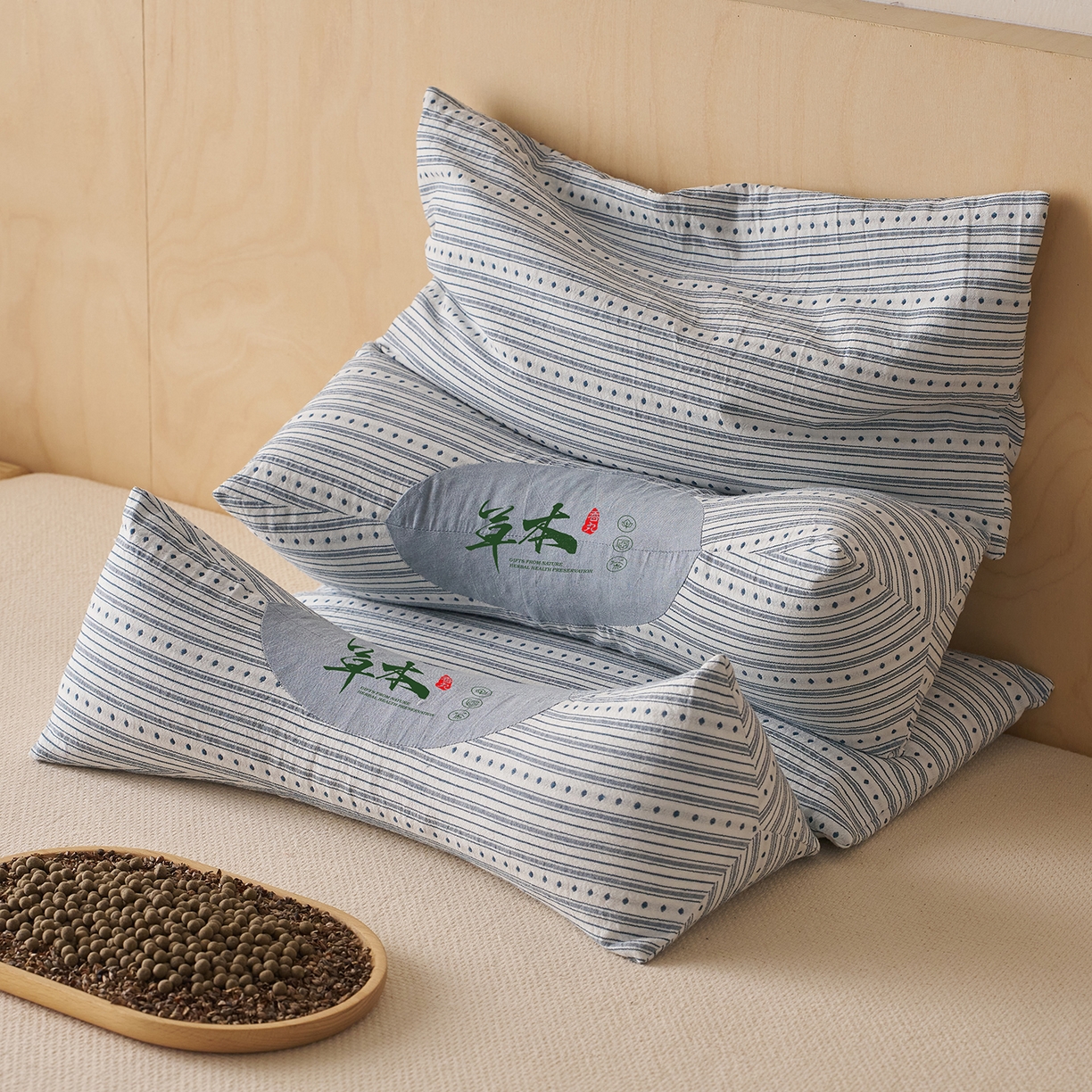 91家纺网 家纺一手货源 找家纺 乐可 2026新款彩条牵引组合枕荞麦枕香丸枕枕头枕芯 彩条牵引组合枕-荞麦款-蓝