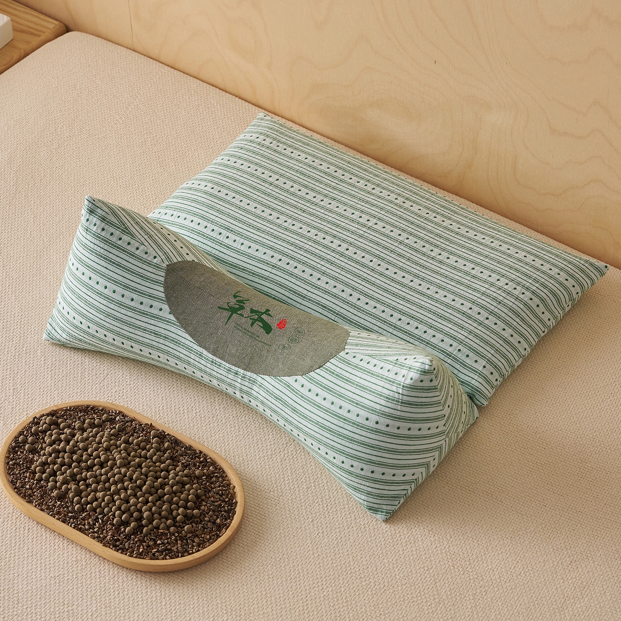 91家纺网 家纺一手货源 找家纺 乐可 2026新款彩条牵引组合枕荞麦枕香丸枕枕头枕芯 彩条牵引组合枕-荞麦款-绿