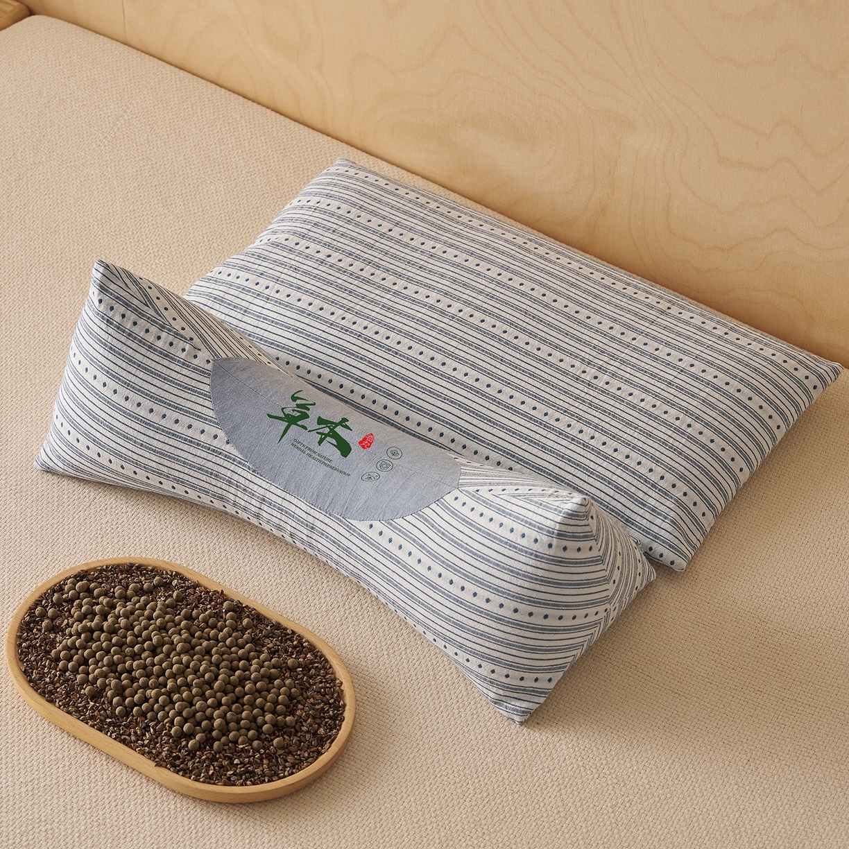 91家纺网 家纺一手货源 找家纺 乐可 2026新款彩条牵引组合枕荞麦枕香丸枕枕头枕芯 彩条牵引组合枕-荞麦款-蓝